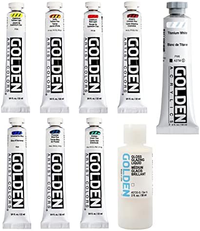 GOLDEN Heavy Body Acrylics Traditional Set, 8 Colors + Glazing Liquid