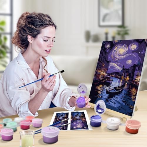 JOOZ Paint by Numbers Kit for Adults with Frame, Starry Night Paint by Numbers with Easel, DIY Town River Boat Paint by Numbers Landscape for Home Wall Decor 8 x 12 Inch