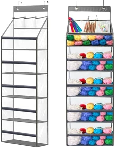 Hanging Yarn Storage Organizer,Large Capacity Yarn Storage Bag with 5 Yarn Balls Storage Pockets & 3 Top Crochet/Knitting Needles Pockets,Transparent Door Hanging Knitting Organizer Storage