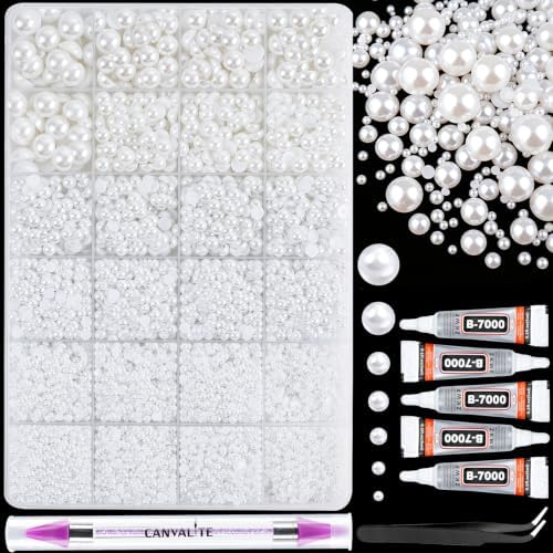 Canvalite 11000Pcs Flatback Pearls for Crafting, Multiple Sizes Half Nail Pearls with 5Pcs B7000 Jewelry Glues & Picker Tools Bedazzling Bead for DIY Crafts Clothing Tumblers Shoes Decors Nail Art