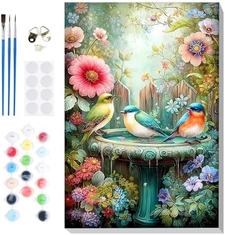 Bowetile Framed Paint by Numbers Bird Kit for Adults, Adults' Paint-by-Number Kits on Canvas, Painting by Numbers Flower, Acrylic Fountain Number Painting Gifts for Home Wall Decor, 8x12in