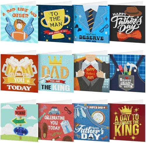 Saillong 12 Pack Father's Day Diamond Painting Greeting Cards Kits Dad Diamond Art Cards with Envelopes Best Dad 5D Rhinestones Painting Making Kits for Adults Father's Day DIY Craft Gifts