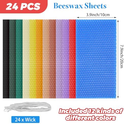 LDHHYH 4x8 Inch Beeswax Sheets for Candle Making, 24 PCS Beeswax Candle Making Kit for Adults, 12 Bright Colors Beeswax Honeycomb Sheet with Cotton Wick for DIY Crafts Candle Making Rolling Kits