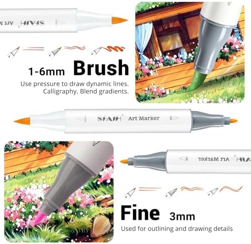 SFAIH Alcohol Markers Brush & Fine - Professional 217 Colors Set, Blending | Art Markers for Adult Coloring Illustration Sketch, Gifts for Artist, Shoulder Strap, Storage Box, Soft Reversible Brush Tip