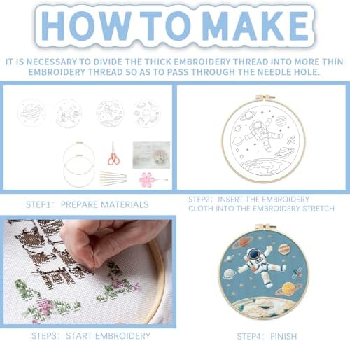 FREEBLOSS 4 Set Embroidery Kit for Beginners Adult Astronaut Stamped Embroidery Starter Kit with Instructions Needlepoint Accessories and Supplies for Stitch Craft, 2 Hoops 20cm/7.9inch