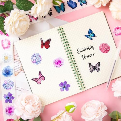 Butterfly Flower Sticker Rolls,1200PCS (2 Rolls) 16 Design Butterfly Stickers for Kids, Colorful Assorted 3D Roll Flower Sticker for Scrapbooks Envelopes Giftwrap Decals Cards Walls Parties