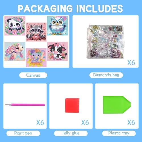GQYCZZ 6 Pack 5D Diamond Painting Kits for Kids Beginners, Full Drill Cute Animals Diamond Art Kits, DIY Big Gem Art for Children Ages 6-7-8-9-12, Home Wall Decor 6x6 Inch