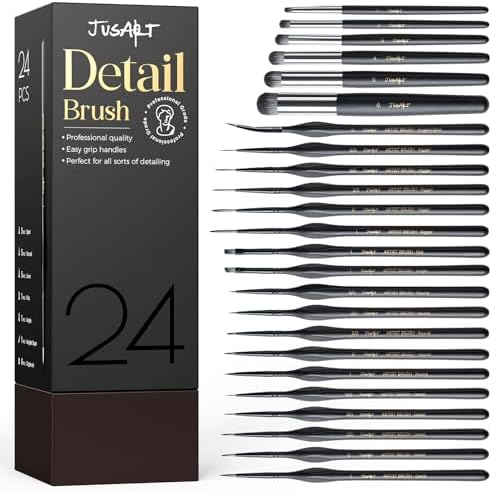 JusArt 24-Piece Detail Paint Brush Set, Miniature Paint Brushes for Models, Acrylic Oil Watercolor, Professional Fine Detail Brushes for Adults & Miniature Painters