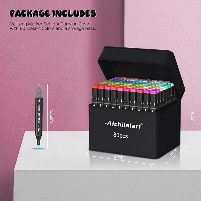 alchilalart 80-Colors Alcohol Markers Set, Dual Tip Art Markers with Case, Premium Artist Pens for Adult Coloring Books, Journaling, Sketching, Manga, Card Making, Gifts for Teens & Women