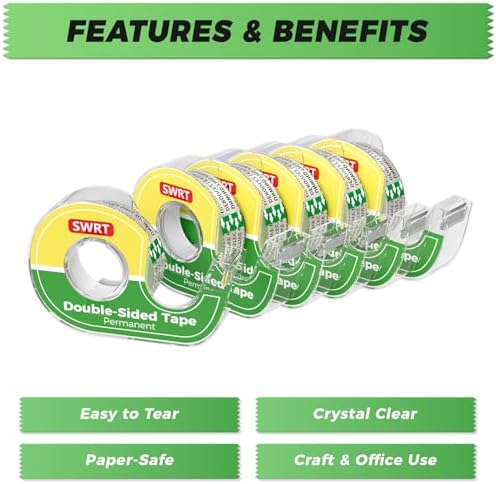 SWRT Double-Sided Tape for Crafts, 1/2 in x 300 in, 6 Pack with Dispensers