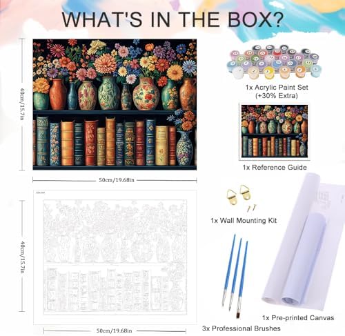 Natuyalo Paint by Numbers for Adults Bookshelf and Vases Painting by Numbers Kits Acrylic Painting on Canvas with Brushes and Pigment DIY Paint by Numbers for Home Decor 16x20 Inch