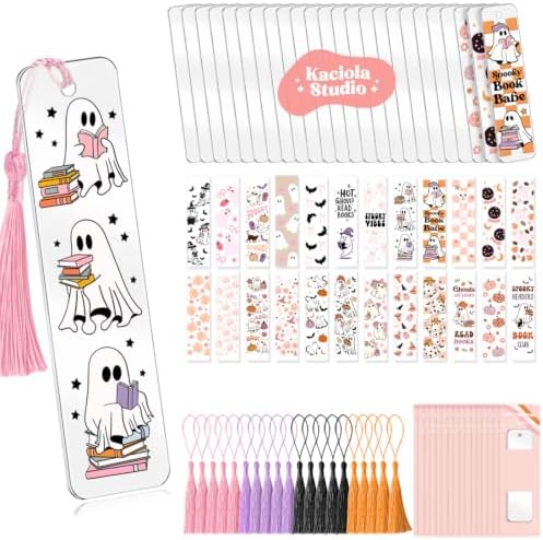 24 Set Bookmark Making Kit, Acrylic Bookmark Blanks with 24 UV DTF Stickers About Halloween Theme and 24Tassels,Blank Bookmarks UV DTF Transfers Stickers for DIY Crafts Hanging Tag Gift Bookmarks DIY
