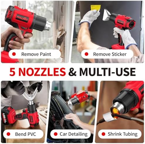 Cordless Heat Gun, Max 550°C (1022°F), Hot Air Gun Kit with 5 Nozzles & 2x4.0Ah Batteries, Fast Heating, 2-Temperature Setting, Portable Heat Gun for Shrink Tubing, PVC Wrap, Crafts (Red)