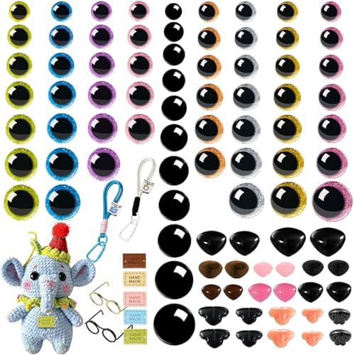 CSCHENGO 402Pcs 8 Colors 10-35mm Amigurumi Craft Eyes & Noses - 3 Styles Shiny Crochet Eyes Black Safety Eyes,Safety Eyes for Crocheting Kit with Glasses Tags Pendants, DIY Handmade Craft Figurines