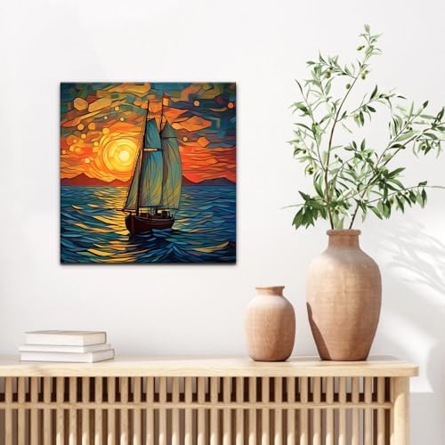 Natuyalo Framed Paint by Numbers for Adults - Sailboat DIY Adult Paint by Number Kits Sunset Seascape Acrylic Painting by Numbers for Beginners Art Craft Kits for Adults (12x12 Inch, Framed)