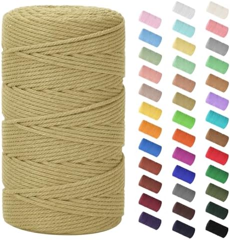 Macrame Cord 3mm x 220Yards (656Feet),Natural Cotton Macrame Rope - 4 Strands Twisted Macrame Cotton Cord for Wall Hanging,Plant Hangers,Crafts,Gift Wrapping and Wedding Decorations,Khaki