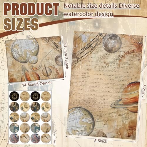 TaoBary 160 Pcs Space Spoon Stationery Paper and Envelopes Set 50 Double Sided Lined Stationery Paper with 50 Matching Envelopes and 60 Round Dot Sticker 5.5 x 8.25'' Letter Writing Kit, 10design