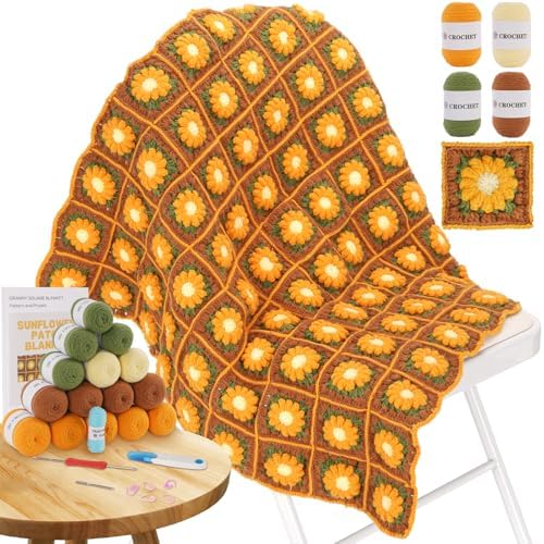 WILSHIN Granny Squares Blanket Crochet Kit for Beginners – Soft Yarns, Detailed Instructions & Step-by-Step Tutorials, Easy Crochet Starter Kit, Craft Gift for Adults (Brown Sunflower)