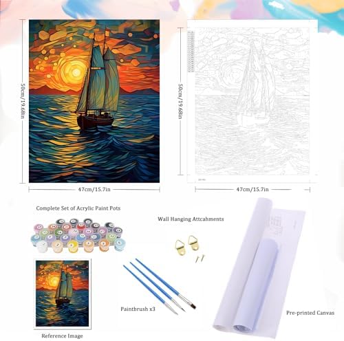 Natuyalo Paint by Numbers for Adults - DIY Adult Paint by Number Kits Painting on Canvas Sailboat Painting by Numbers for Beginners, Sunset Landscape Art Craft Kits for Adults (16x20 Inch)