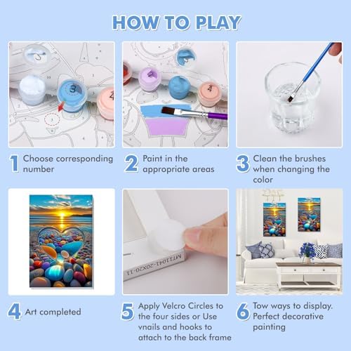 Bowetile Framed Paint by Numbers Sea for Adults Beginners, Adults' Paint-by-Number Landscape Kits, Easy Adult Paint by Number Kits on Canvas, Acrylic Number Painting for Home Decor, 8x12in