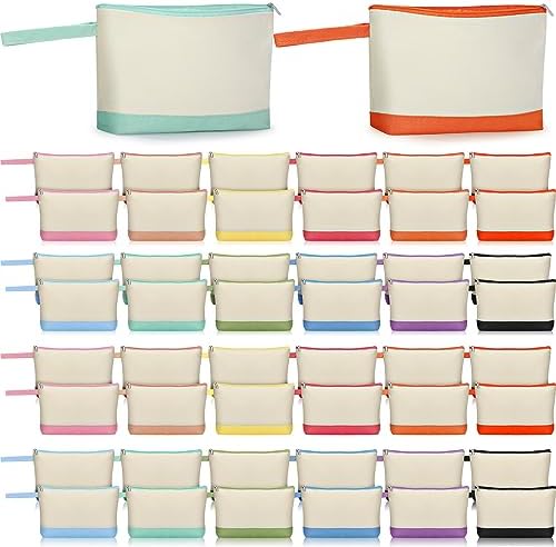 Silkfly 48 Pcs Cotton Canvas Makeup Bags Cosmetic Zipper Bags 10.2 x 5.5 x 2'' Blank DIY Pouch Bulk Pencil Case with Bottom Travel Toiletry Pouch for Women Craft Decor Gift (12 Colors)