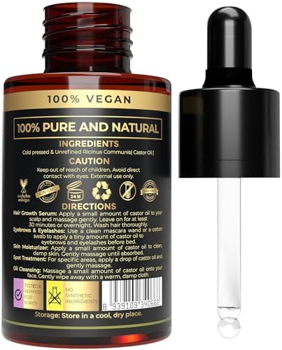 USDA Organic Castor - Cold-Pressed, Hexane-Free, Pure & Natural for Hair, Skin, Face, Eyebrows & Eyelashes - Glass Bottle, Carrier for Essential Oils Mixing, Laxative, 1 Fl Oz