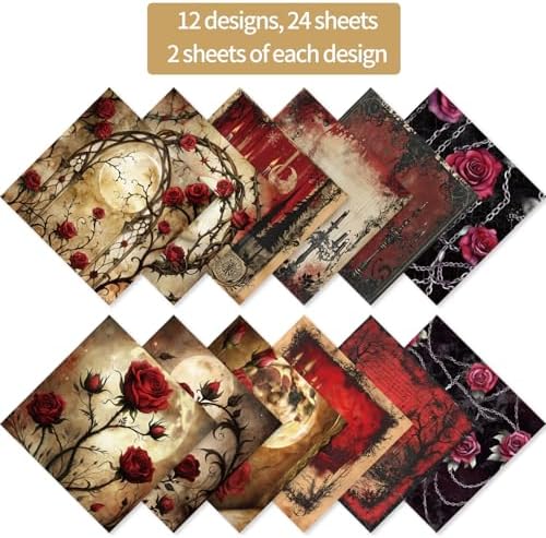 6x6" Cardstock Single Sided Scrapbooking,Craft Decorative Scrap Book Paper | 160gsm,24-Sheet 12Patterns Colored Paper,Junk Journal Supplies,Vivid Origami Papers DIY Craft Gift Wrapping Album.Candle Rose