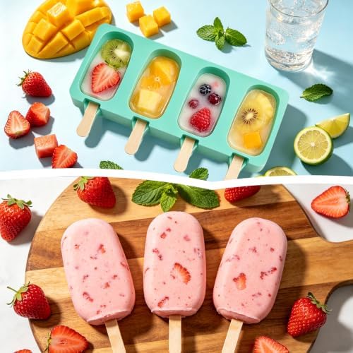 Popsicles Molds, 2Pcs Homemade Cake Pop Molds with Wooden Popsicles Sticks, Reusable Silicone Ice Pop Cream Cakesicle Maker Mold 4 Cavities for Home DIY Craft, Green
