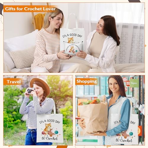 Y1tvei Crochet Canvas Tote Bag - 2Pcs Cosmetic Pouch Tote Bag Reusable Grocery Folding Shopping Bag for Crocheters Women