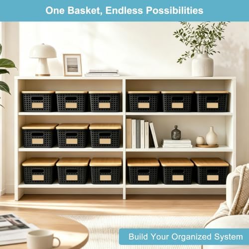 Bagnizer Small Plastic Storage Bins with Bamboo Lids 5.2qt Stackable Box Basket Pantry Decorative Containers Cute with Lable for Organizing Desktop Closet Office Black of 6 packs 10 * 7.2 * 4.1"