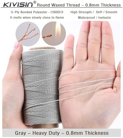 Bonded 0.8mm Round Waxed Polyester Cord, 3-ply Wax Coated Thread, 197 Yards Stiff String for Heavy Duty Fabric, Leather Sewing, Book Binding, Upholstery Repair, and Macrame Jewelry - Gray