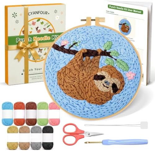CYANFOUR Punch Needle Kit for Beginners, Sloth Punch Needle Kits Adults, Craft Kits for Adults with 2 Pre-Printed Fabrics, Embroidery Hoop, Threads, DIY Gift and Home Decor 20 * 20cm