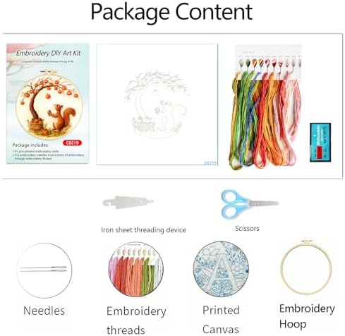 Zhenqing Squirrel Embroidery Kit for Beginners, Autumn Harvest Needlework Craft with Pre-Printed Cotton Fabric, Hoop, Threads & Tools, Woodland Fall Decor (C0219)
