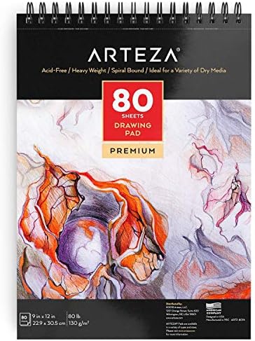 ARTEZA Drawing Paper Pad, 9 x 12 Inches, Pack of 1, 80 Sheets, Spiral Bound Artist Drawing Books, Durable Acid Free White Sketch Paper