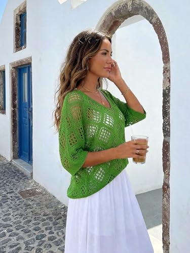 Womens Crochet Top Summer 3/4 Sleeve Cover Up V Neck Boho Tops