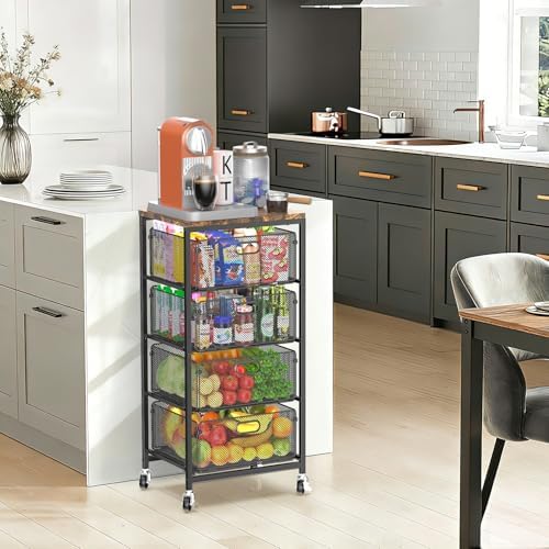 SUNALLY Kitchen Storage Cart with Drawers,Metal Snack Cart Organizer,Black