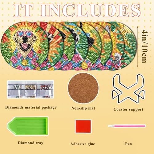 DOTSOPS 8 Pcs Dog Diamond Painting Coasters for Beginners with Holder 4 in