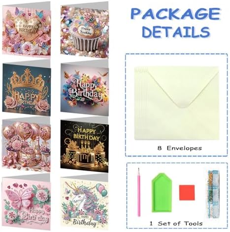 8 Pack 5D DIY Diamond Painting Cards Kit, Diamond Art Birthday Holiday Greeting Card, Art Crafts Kit Creative Gift with Envelope, Card Making Kits for Adults, Birthday
