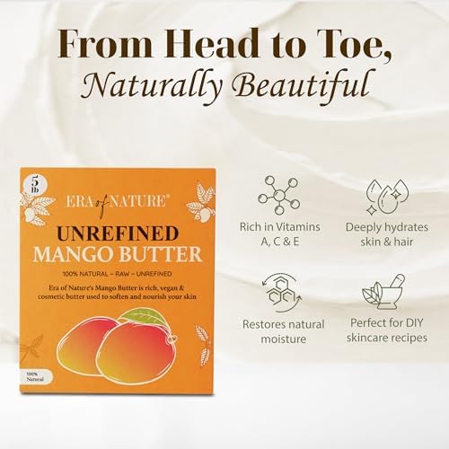 era of nature Organic Unrefined Raw Mango Body Butter Block 16oz - Moisturizing Mango Seed Raw Butter Bar for Skin & Hair, DIY Lip Balm Base, Cream, Soap & Lotion Making Supplies, Personal Skincare