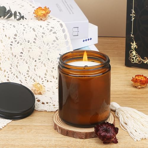 MILIVIXAY 12 Pack 8 OZ Thick Glass Dark Amber Candle Jars with All Black Metal Lids-Bulk Empty Candle Jars for Making Candles-Canning Jar for Spice, Liquid, Sample- Dishwasher Safe.