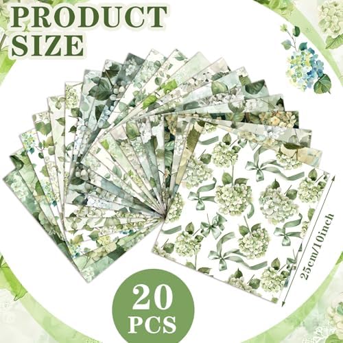 HunnmingRe 20 Pcs 10''x10'' Sage Green Hydrangea Quilting Fabric Square Greenery Flower Precuts Quilted Fabric Bundle Bow Leaves Printed Sewing Material for Patchwork Strips Spring DIY Sewing Crafts