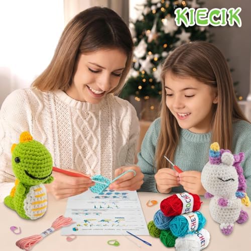 KIECIK 6Pcs Crochet Kit for Beginners, Crochet Animal Kits，Knitting Kit for Adults with Step by Step Videos Tutorials, Knitting Kit Great Birthday Holiday Gift, DIY Keychain Pendants(Set -02)