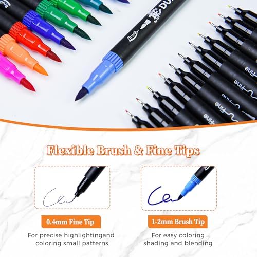 Brush Pens for Adult Coloring Books, 120 Colors Dual Tip Art Markers – Fine Tip for Outlining + Brush Tip for Coloring, Water-Based Non-Bleeding Markers for Journaling, Calligraphy, Hand Lettering