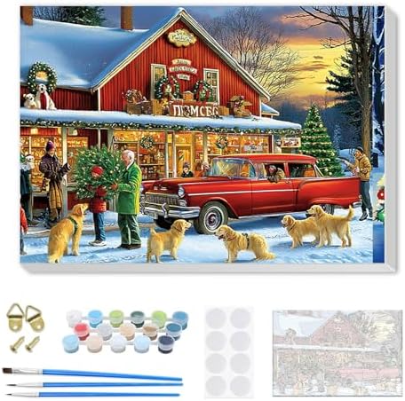 SENQAO Christmas Paint by Numbers for Adults Framed, Red Truck Adults' Paint-by-Number Kits, Adult Paint by Number Kits on Canvas, Acrylic Number Painting for Home Decor, 8x12in