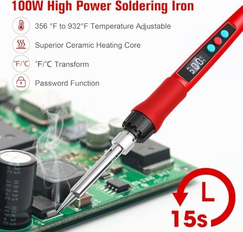 Soldering Iron Kit, 100W LED Digital Solder Gun kits with Ceramic Heater, Adjustable Temperature Welding Tools with Tips, Wick Braid, Stand, Solders Wire, Sponge, Flux Paste, Red