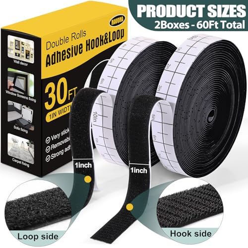 Navona 2 Boxes Heavy Duty Hook and Loop Strips with Adhesive, 60Ft x 1 Inch