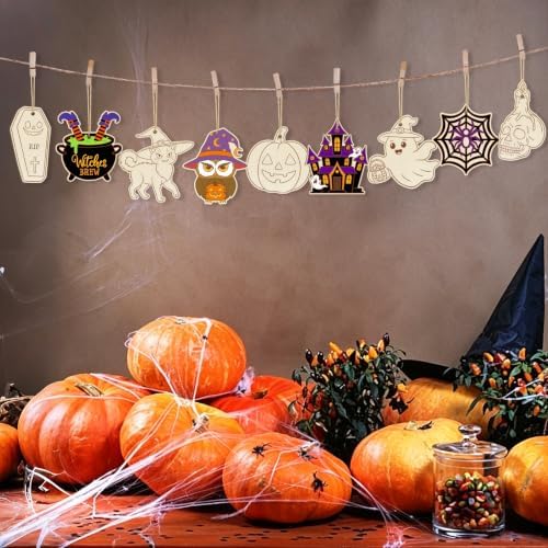 80PCS Wooden Halloween Ornaments to Paint Fall Decorations Crafts for Kids, 10 Styles DIY Blank Autumn Unfinished Skull Pumpkin Ghost Bat Boo Witch Feet Spiderweb Halloween Cutouts for Party Hanging