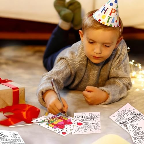 Birthday Coloring Cards, 24 Unique Blank Greeting Card Set with Cakes, Flowers & Gifts, DIY Art Craft for Kids, Adults, Holiday Gift Ideas for Mom, Friends, Thank You & Greeting Card Collection