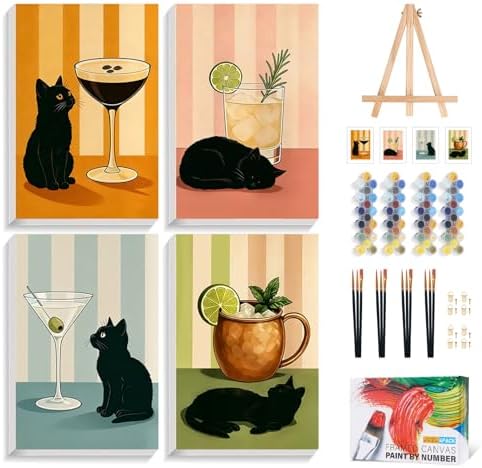 4 Pack Paint by Numbers Kit for Adults with Frame, Black Cat Painting Kit