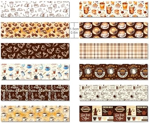 12 Pcs Coffee Washi Tape Coffee Masking Tape Decorations Vintage Watercolor Brown Cafe Decorative Paper Sticker for Vintage Journals, Planners, DIY Craft Gift Wrapping Handbook Stickers